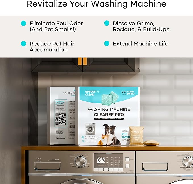 Uproot Washing Machine Cleaner Tablets Pro + Clean Glove Wipes Pro (20 Pack) Set: Deep-Clean Laundry Tablets for Pet Owners & Extra-Thick Dog & Cat Wipes for Paws, Eyes, Ears, Butt & Body