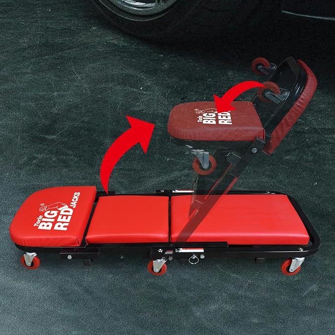 Big RED ATW4015ZR Torin ，40" Foldable Z-Creeper Seat，2-in-1 Garage/Shop Creeper，330 lbs Capacity，Low Profile Creeper with 6 pcs Wheels for Auto Repair，Garage and Shop，Lay Down or Sit，Red