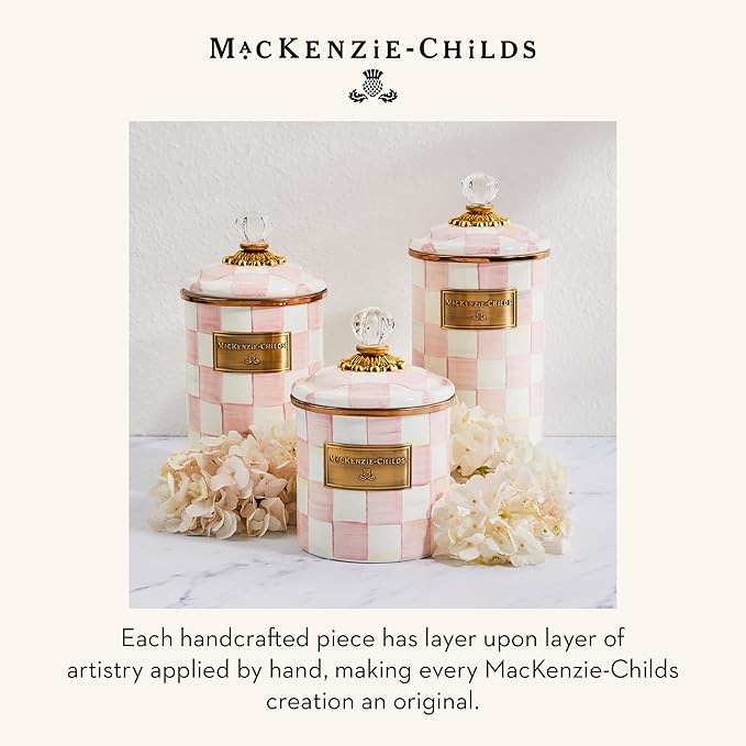 MACKENZIE-CHILDS Rosy Check Enamel Canister, Pink-and-White Kitchen Storage Container with Lid, Mini