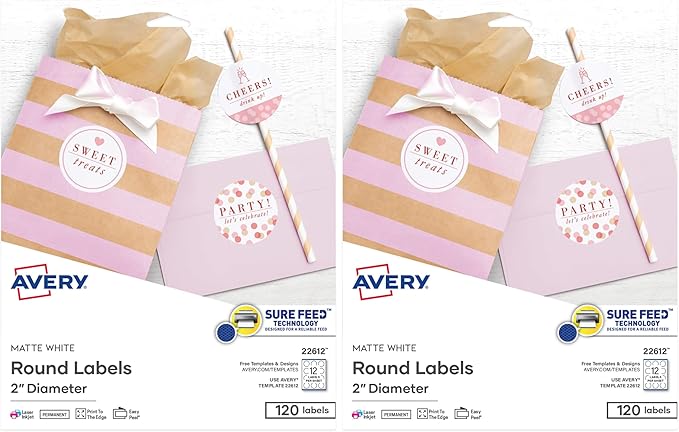 Avery Round Labels, 2" Diameter, Sure Feed Technology, Print-to-The-Edge, Easy Peel, Laser/Inkjet, Permanent, 120 Blank Circle Labels Total (22612) (Pack of 2)