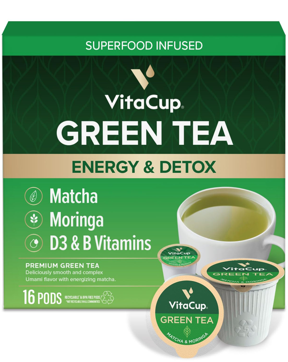 VitaCup Green Tea Pods with Matcha Moringa, 16ct