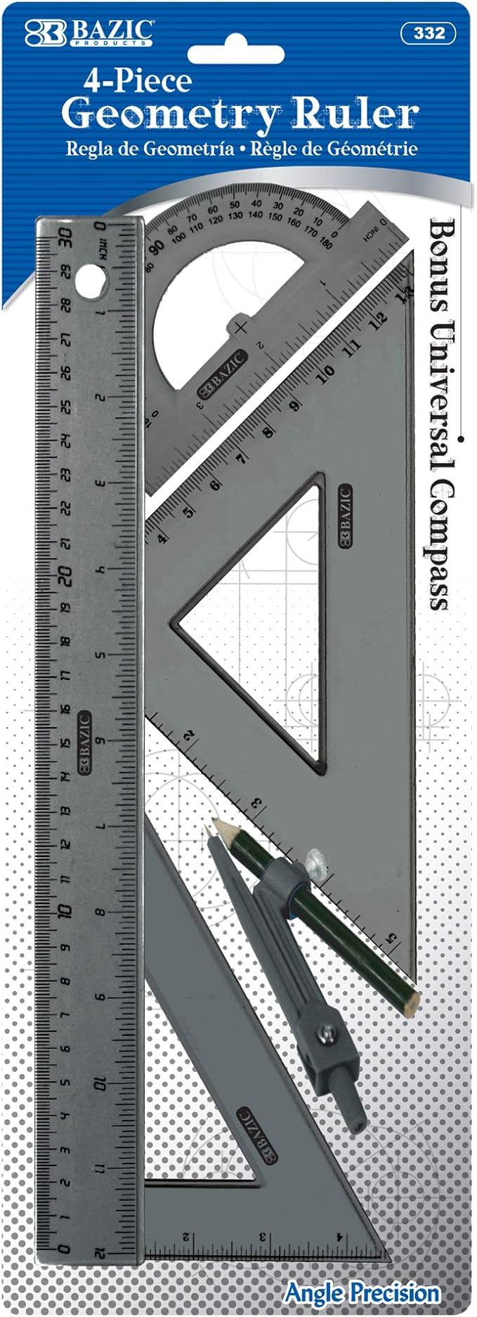 BAZIC Math Geometry Set 5 Pieces, Compass, Protractor, Ruler, 2 Triangle Rulers, Plastic Clear Measuring Sets for Students Professional, 1-Pack