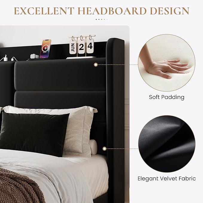 SHA CERLIN King Size Bed Frame with Charging Station & Storage Headboard, Velvet Platform Bed with Upholstered Modern Wingback Design, Wooden Slats Support, No Box Spring Needed, Easy Assembly, Black