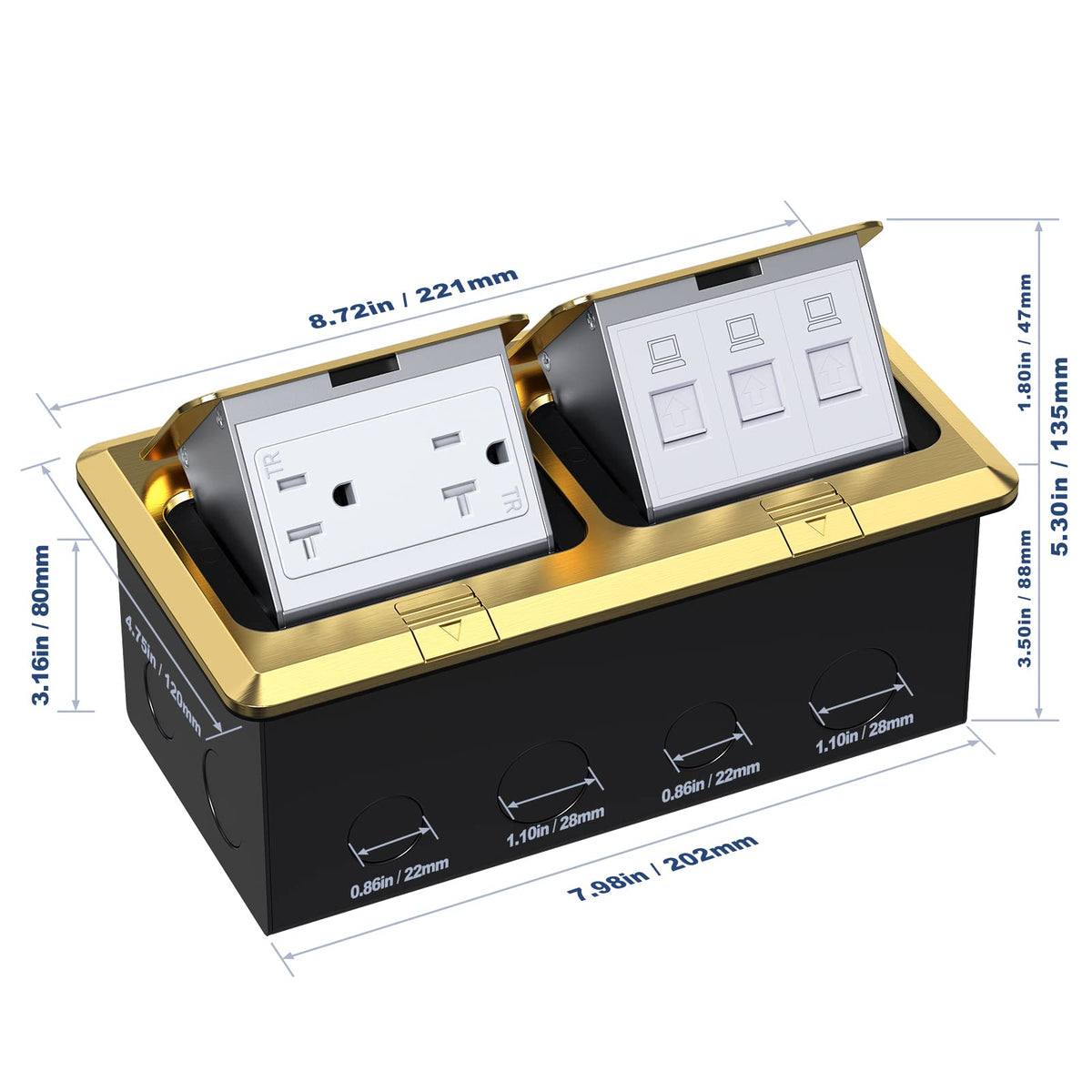 KYHSHJ Dual Pop-Up Floor Electrical Outlet Box Kit，20 Amp Stainless Steel GFCI TR Receptacle Outlet，3-Port RJ45 Datacom Receptacle， Black