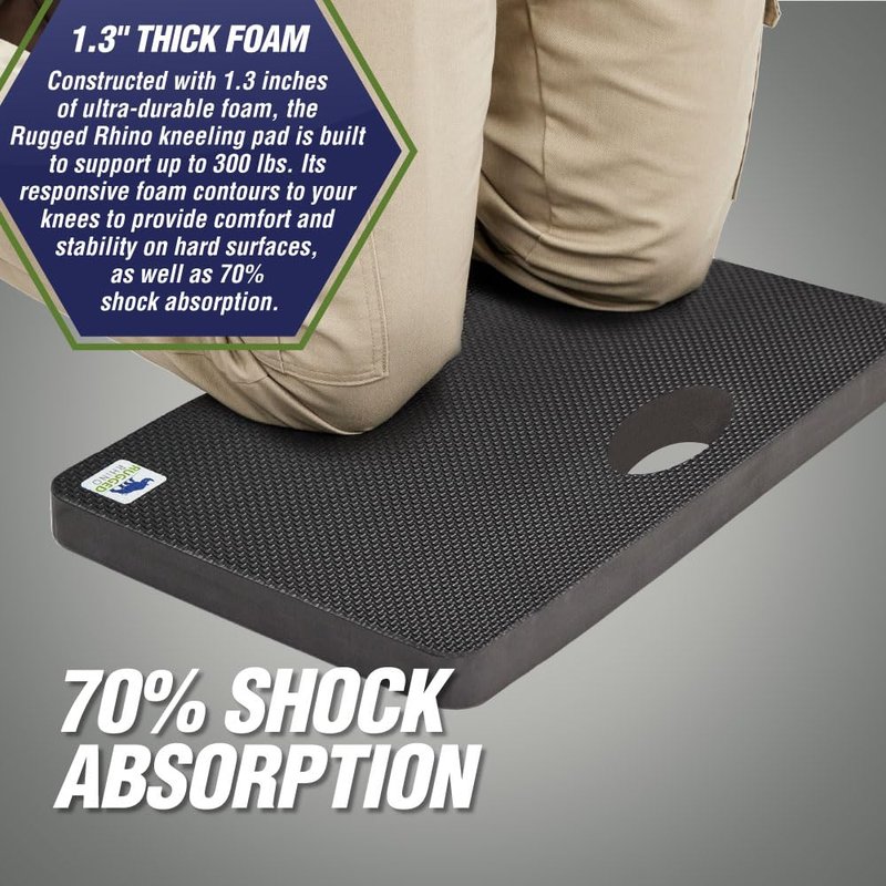 RUGGED RHINO Heavy Duty Patent Pending Kneeling Pad, Shock Absorbent Thick Knee Pads, Holds Up to 300 lbs, Protect Knees from Hard Concrete Surfaces, For Mechanics, Yard Gardening, Gym, Onyx Black