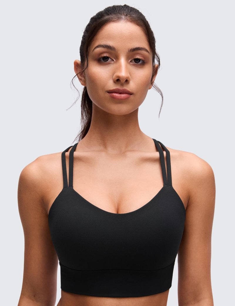 CRZ YOGA Softness Mold Butterluxe Strappy Longline Sports Bras for Women - Double Spaghetti Strap Workout Yoga Crop Top Black Large