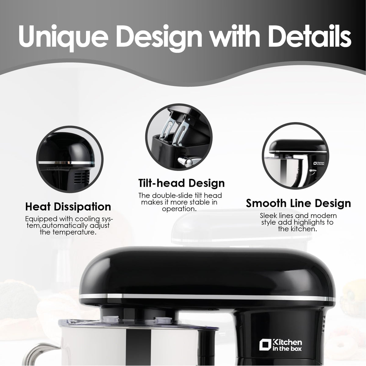 Kitchen in the box Stand Mixer - 6.5 Quart Mixing Bowl with Handle, 900 Watt Heavy Bread Dough Standing Mixers Tilt-head with Dough Hook, Whisk, Flat Beater and Splash Guard (Black)