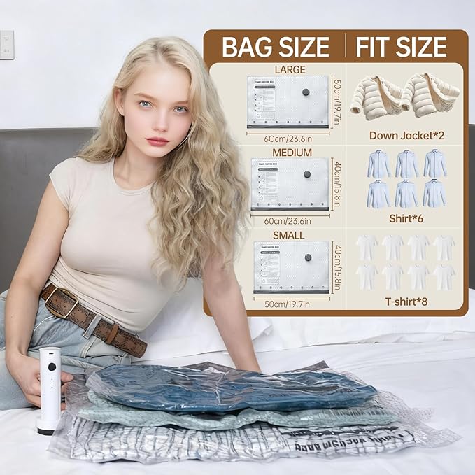Vacuum Bags for Travel with Wireless Rechargeable Pump, 12 Pack Carry-on Size Compression Packing Seal Bags for Luggage and Suitcase, Space Saver Vacuum Storage Bags for Clothes and Clothing Travel