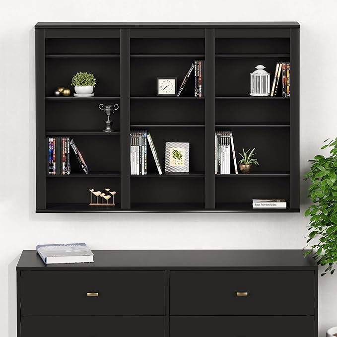 Prepac 3 Column Display Cabinet, Black Storage Cabinet with 12 Adjustable Shelves, Wall DVD Storage for Living Room 8.25" D x 47" W x 34" H