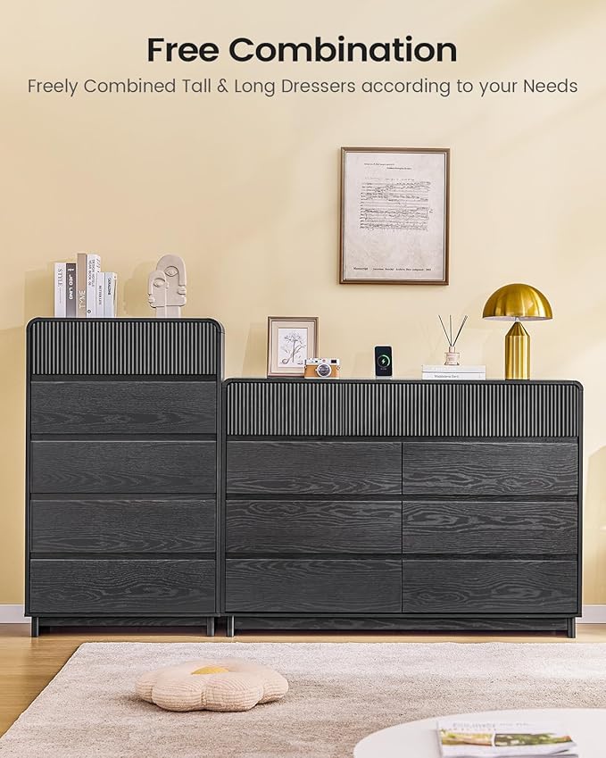 AOGLLATI Mid Century Modern 5 Drawer Dresser for Bedroom, 45" Tall Wood Fluted Dressers & Chests of Drawers with Curved Profile Design for Bedroom,Black