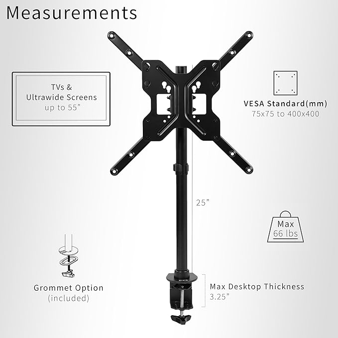 VIVO Ultra Wide TV Desk Mount for up to 55 inch Screens Weighing 66 lbs, Full Motion Height Adjustable Single Television Stand, Black, STAND-V155C