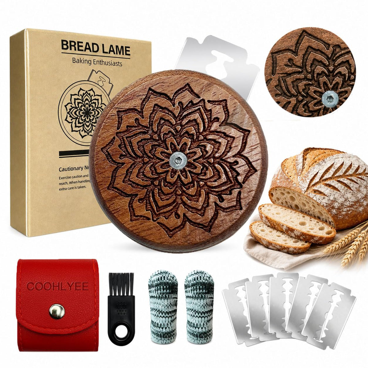 COOHLYEE UFO Bread Lame for Sourdough, Wooden Sourdough Scoring Tool with PU Storage Case, 5 Replaceable Blades and Finger Protectors, Bread Scorer for Homemade Bread Baking Gifts