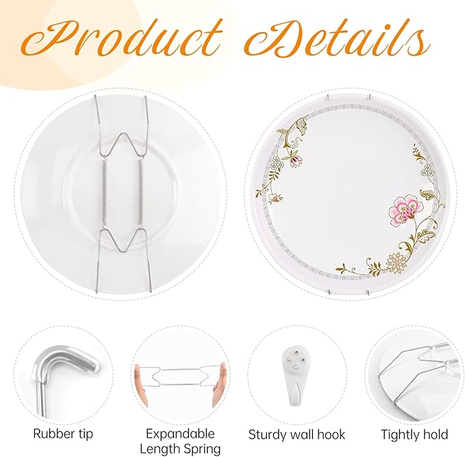 Bilillo 20 pcs Plate Hangers for The Wall, 4/6/8/10 Inch Invisible Decorative Wall Plates Hangers, Stainless Steel Plate Wall Holders for Display Various Sizes with Hooks for Decorative Silver