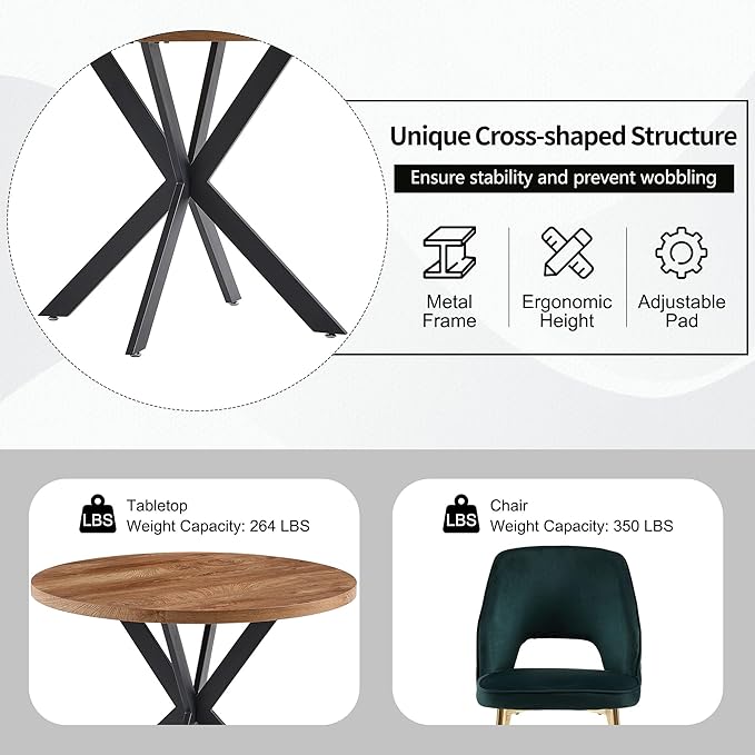 NORDICANA 3-Piece Dining Table Set for 2 - Space Saving 37-Inch Round Table and Chairs, 2 Seaters Dining Set with Upholstered Dining Chairs (Forest Green)