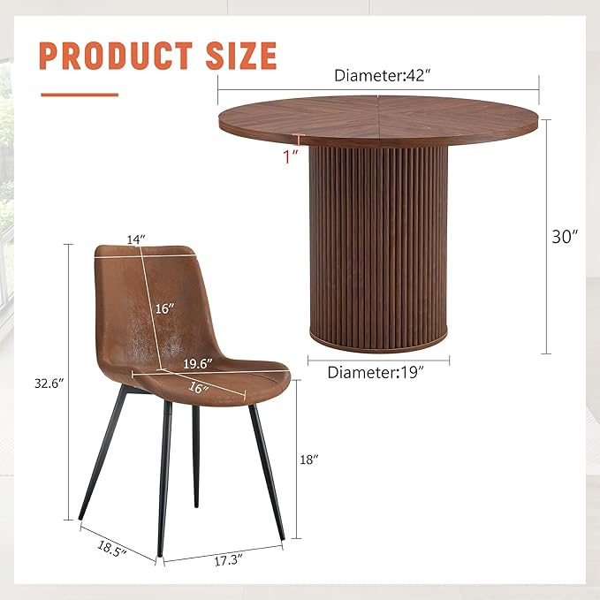 AZmac Round Dining Table Set for 6, Wooden Round Table 7-Piece with Modern Farmhouse Dining Table and 6 Suede Leather Chairs for Kitchen Dining Room, Walnut Table + 6 Saddle Brown Chairs