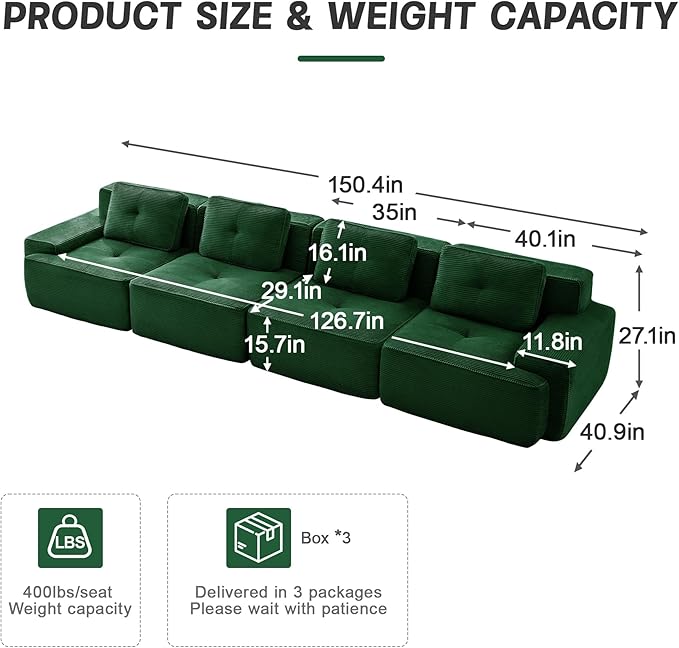 150" Modern Compressed Boneless Couch, 4 Seater Sectional Couches for Living Room, Green Corduroy Cloud Modular Sectional Sofa, Comfy Memory Foam, Extra Deep, Sofas para Sala, No Assembly