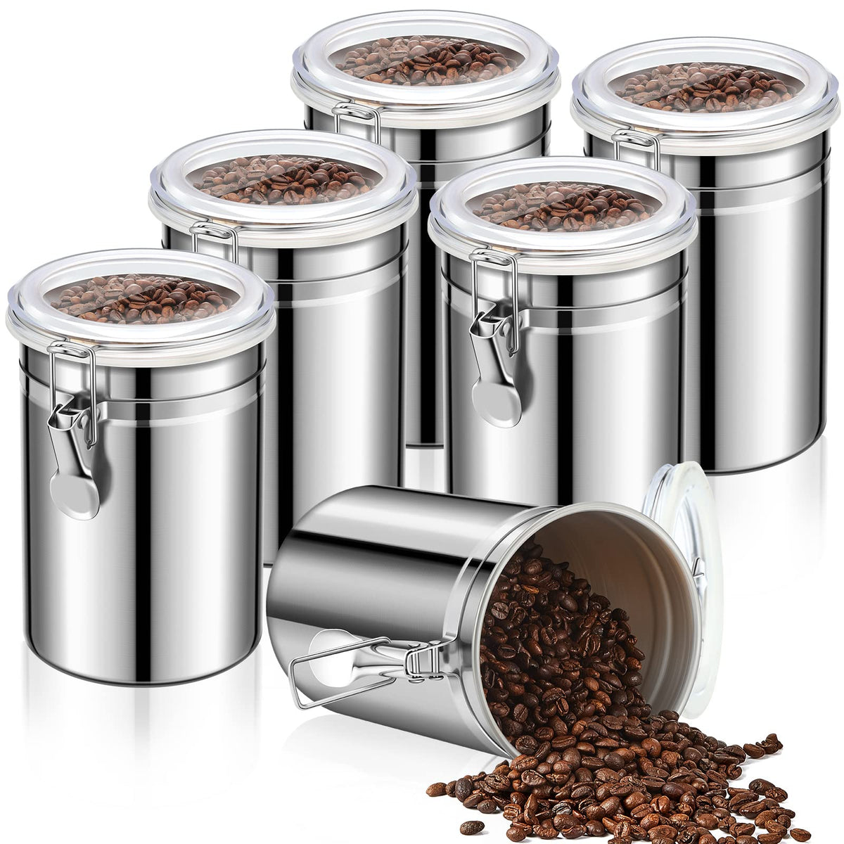 Lallisa 12 Pcs Stainless Steel Kitchen Canister 62 fl oz with Airtight Clear Clamp Lid, Metal Food Storage Container Set for Coffee Bean Ground Coffee Flour Sugar Spice Tea Cereal Snack Candy Pantry