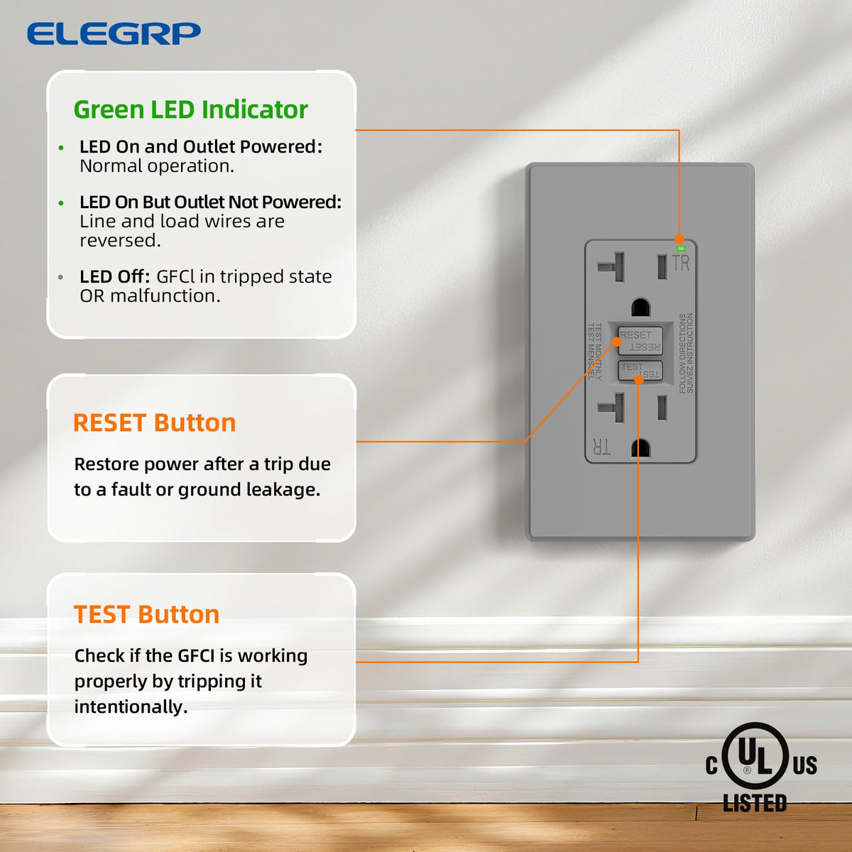 ELEGRP GFCI Outlet 20 Amp, Self-Test GFI Electrical Outlet with Thinner Design, TR Tamper Resistant GFCI Receptacle, Ground Fault Circuit Interrupters with Wall Plate, UL Listed, Grey, 1 Pack
