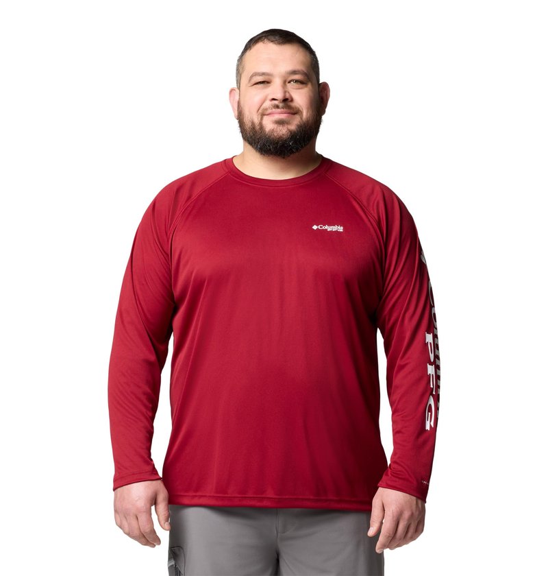 Columbia Men's PFG Terminal Tackle Long Sleeve Fishing Shirt, Beet/White Logo, Large Tall