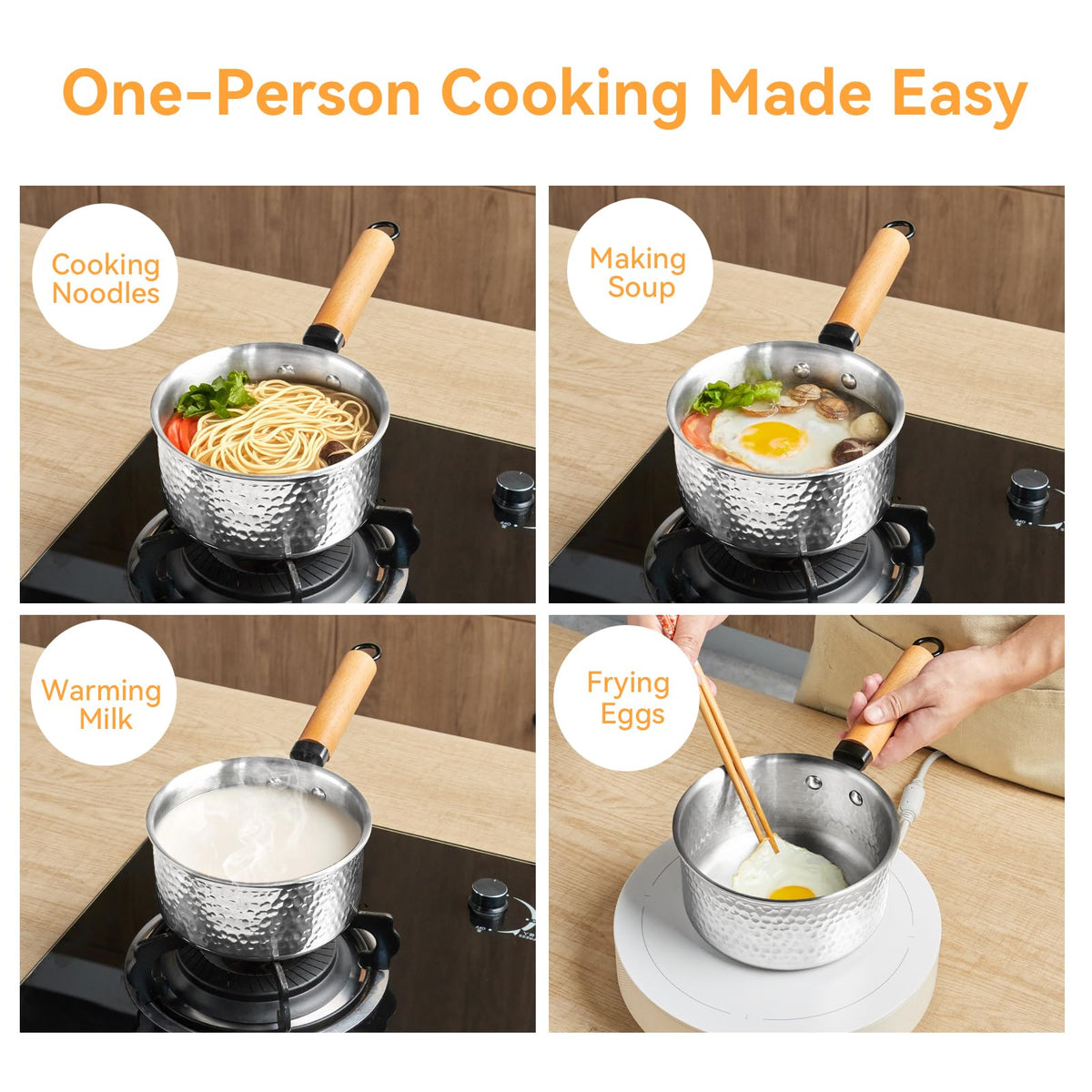 WANGYUANJI 1.8 Quart Stainless Steel Saucepan with Lid, Tri-Ply Steel Small Sauce Pan, Coating-Free Interior, Hammered Finish, Induction Compatible Soup Pot with Tempered Glass Lid & Wood Handle