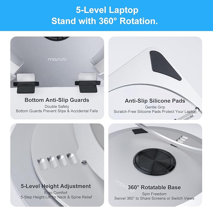 MOSISO Laptop Stand for Desk, Adjustable Aluminum Alloy Computer Stand with 360 Degree Rotating Base, Ergonomic Keyboard Riser Kickstand for Collaborative Work, Compatible with All Laptops, Silver