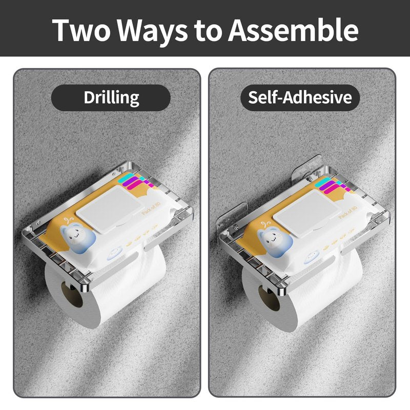 Toilet Paper Holder with Wipes Holder, Self Adhesive Toilet Rolls Holder Without Drilling, Rustproof Stainless Steel