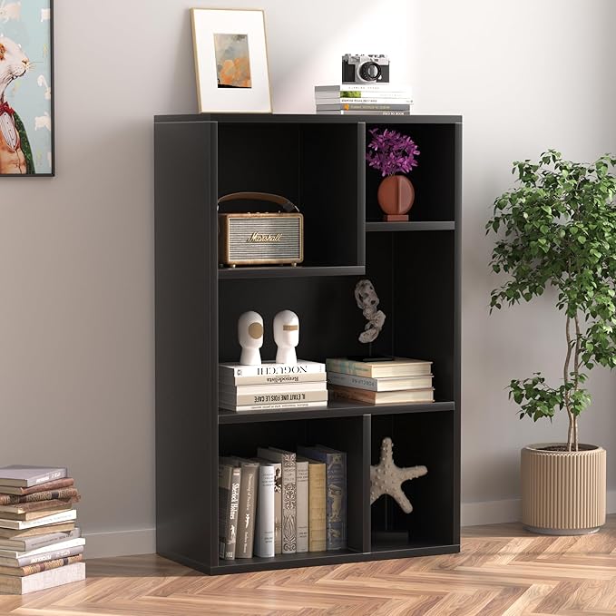 VECELO Modern Bookshelf, 5 Cube Shelf, Fits Tallest Hardcovers, Horizontal Available, Storage Organzier for Home Office, Black