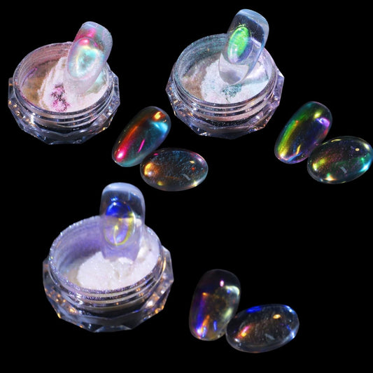3 Boxes Ice Transparent Aurora Nail Powder Neon Rainbow Holographic Chameleon Powder Multi Chrome Iridescent Pigment Pearlescent Nail Art Glitters (Transparent #1#2#3)