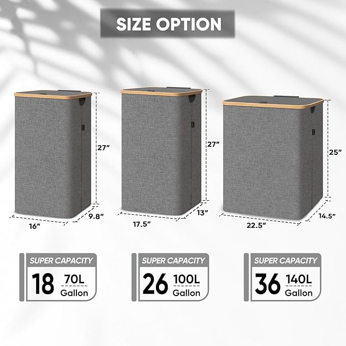 BALEINE Laundry Hamper with Lid, Tall Laundry Baskets with Bamboo Pull Handles, Large Laundry Bin with Internal Support (18 Gal/70L, Grey)