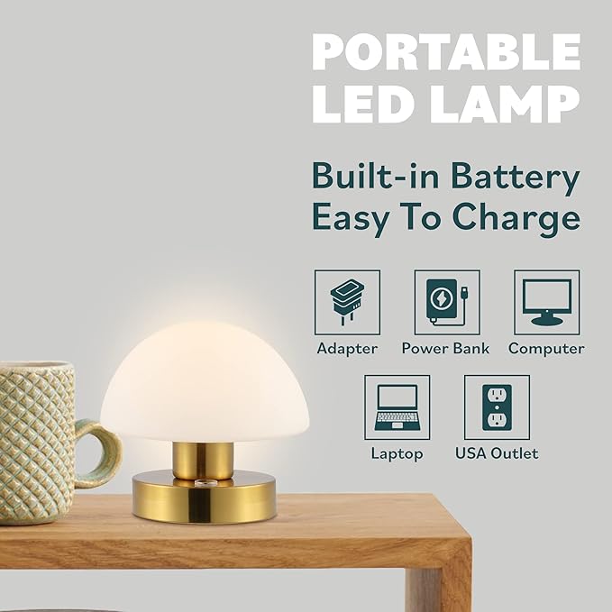JONATHAN Y 5.75" Oil Rubbed Bronze Rechargeable Portable LED Table Lamp, Cordless Mushroom Accent Light for Bar, Nightstand, with Frosted White Glass Shade JYL7113A