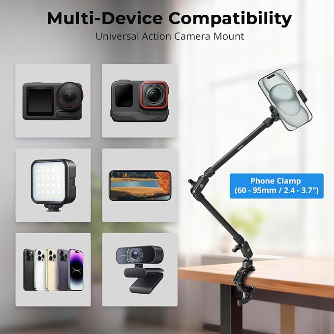 SmallRig 22.4" Magic Arm with Super Clamp, Overhead Phone Mount, Flexible Desk Camera Mount with 1/4" Screw and Cable Clip, Max Load 2.2lb, for iPhone, Action Camera, Video Light, Webcam, Mic - 5625