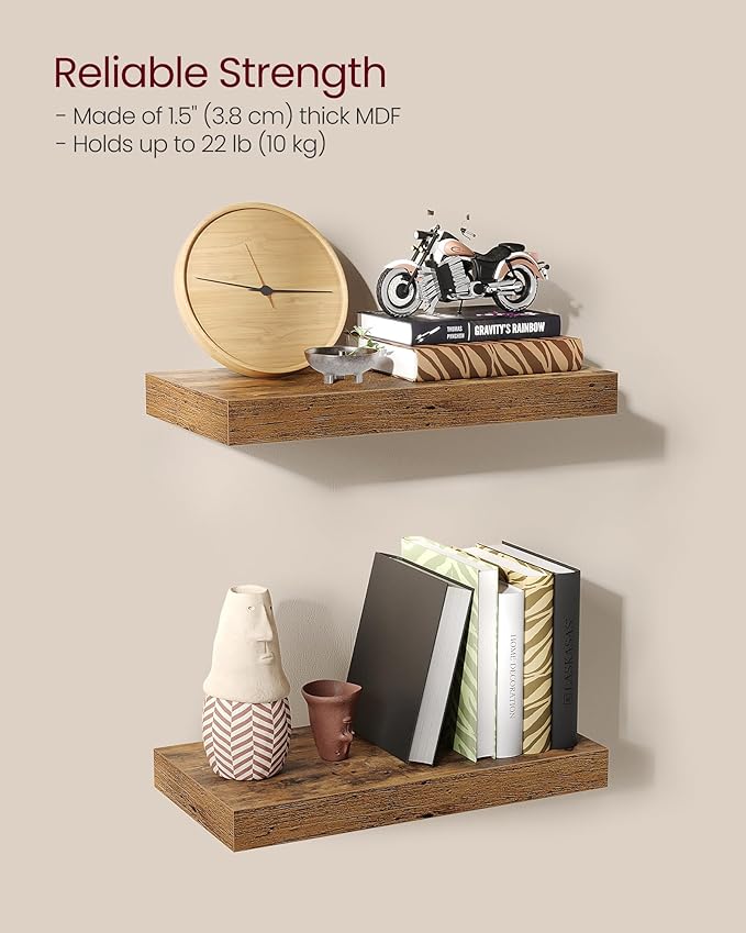 VASAGLE Wall Shelves Set of 3, Floating Shelves, 8 x 15.7 x 1.5 Inches, Display Shelves for Picture Frames, Wall Decor, Hanging Shelf for Living Room, Kitchen, Rustic Brown ULWS055B01