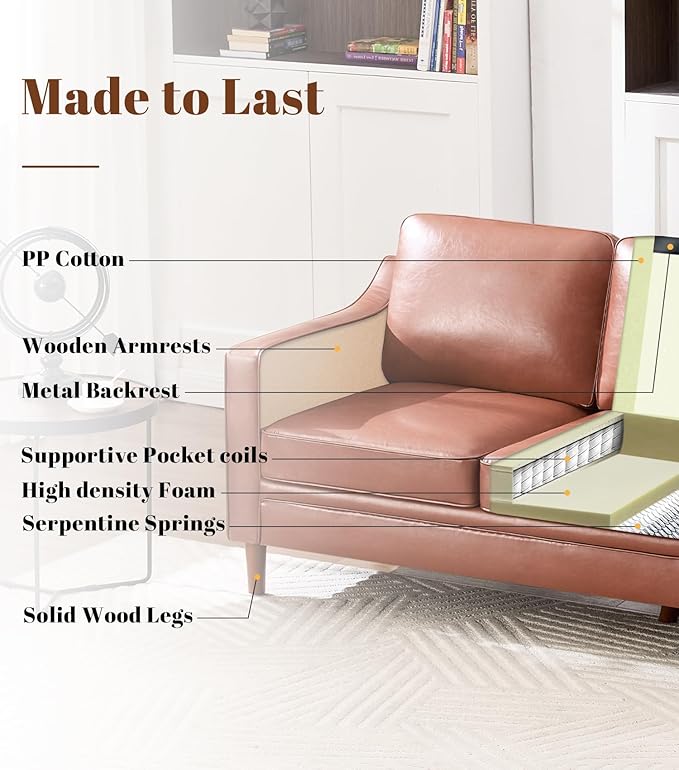 Kingfun Living Room Furniture Sets, 3 Seater Couch, Armchair and Loveseat, Mid Century Modern Sofa Set, Faux Leather Couch with Solid Wood Frame for Living Room & Bedroom, Dark Brown