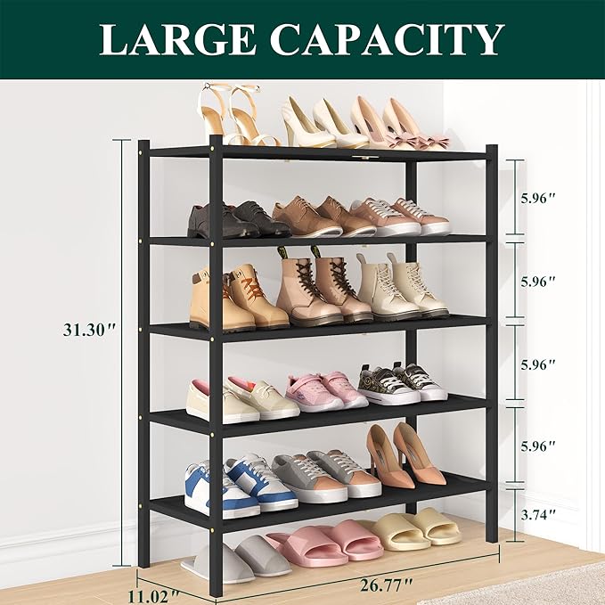 Smiry Bamboo Shoe Rack, 5 Tier Shoe Organizer for Entryway & Closet, Stackable Free Standing Storage Shelf for Shoes, Bags & Plants, Black