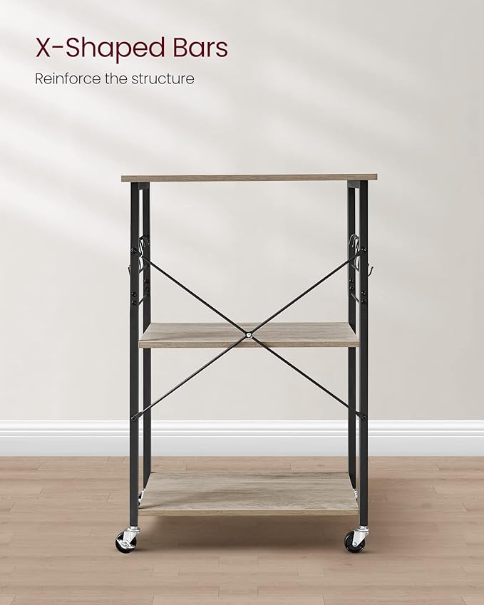 VASAGLE Kitchen Shelf on Wheels, 23.6 Inches Serving Cart with 3 Shelves, Kitchen Cart, Microwave Shelf, for Mini Oven, Toaster, with 6 Hooks, Industrial Style, Heather Greige and Ink Black UKKS060B02