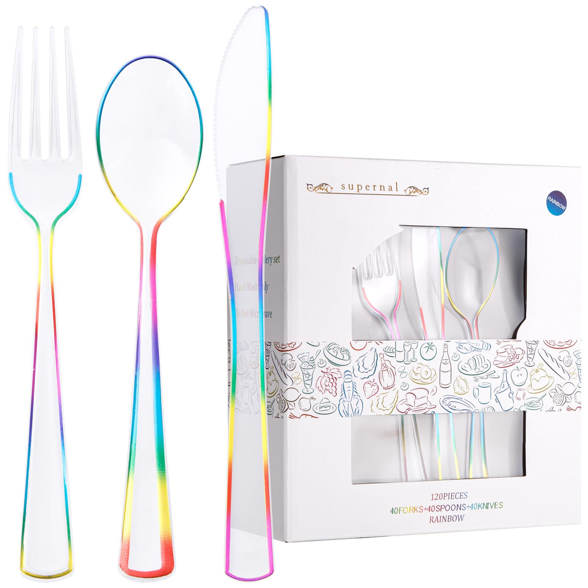 Supernal 120pcs Rainbow Plastic Silverware Set, Blue Pink Gold Ombre
