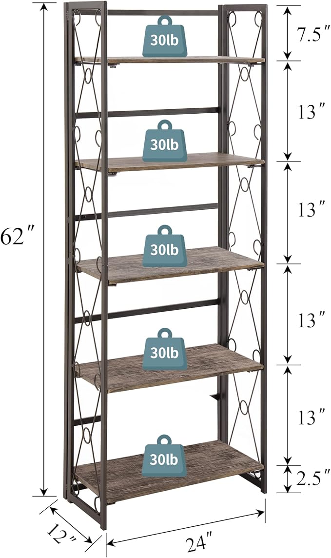 VECELO Folding Bookshelf, 5-Tier Bookcase Foldable, Industrial Tall Book Shelf Storage Organizer with Collapsible Metal Frame for Living Room/Home Office,Rustic Brown,1 Set
