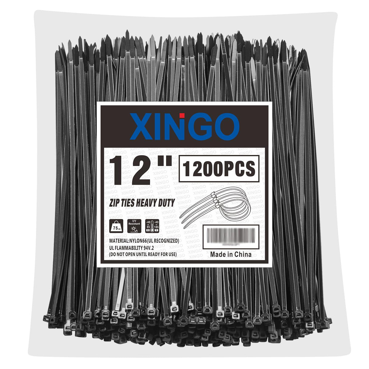 XINGO 12 Inch Black Zip Ties 1200 PCS, 75 LBS Tensile Strength, UV Resistant Cable Ties, Premium Self-locking Plastic Ties for Indoor and Outdoor Use