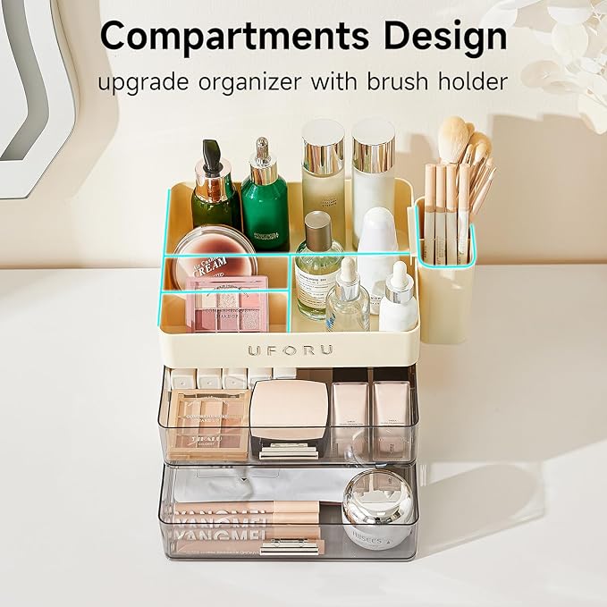 Makeup Organizer for Vanity with Brush Holder, Countertop Organizer with 2 Drawers, Spacious Cosmetic Display Case for Beauty Essential, Skincare, Lipstick