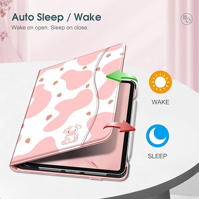 Fintie Folio Case for iPad Pro 11-inch (M5) 2025 / (M4) 2024 - Multiple Angles Viewing Stand Protective Cover with Pencil Holder & Pocket, Auto Wake/Sleep, Strawberry Cow