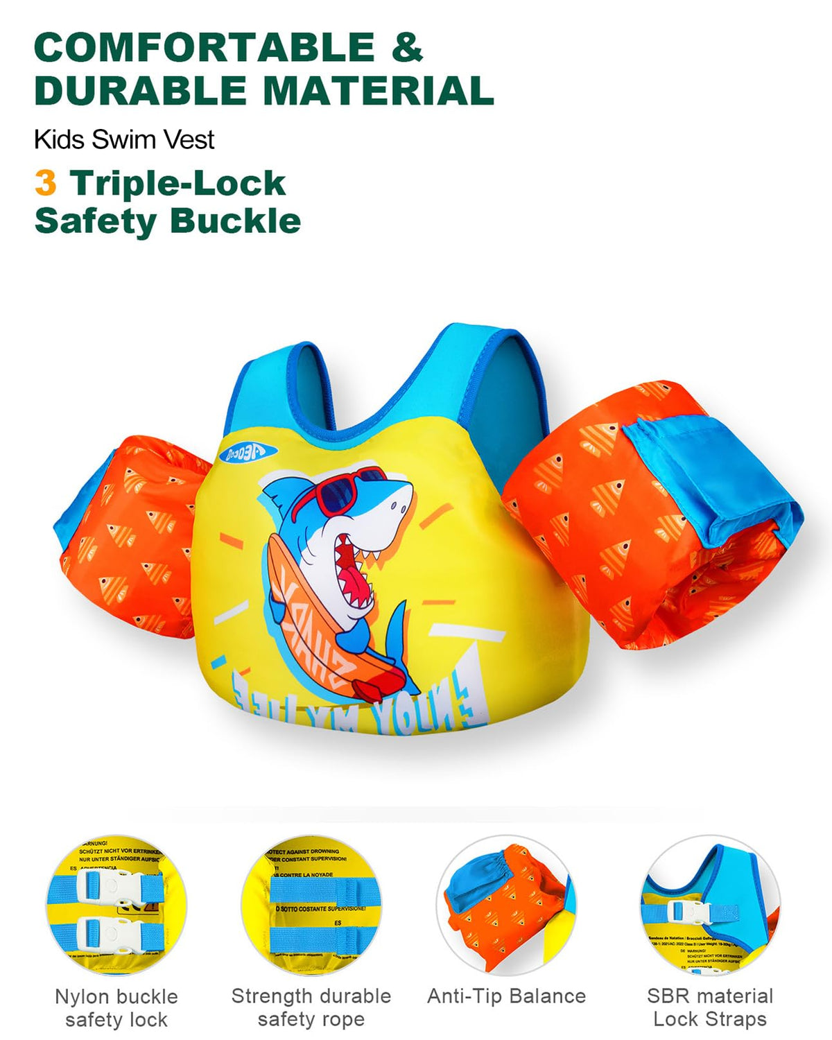 AEOCOO Puddle Float Jumper 30-50-60-66 Pounds, Toddler Swim Vest for 2-3-5-7 Years Old, Pool Floats with Swimming Arm Floaties Swim Jacket for Kids Swimmies, Boys, Girls, Niños, Shark