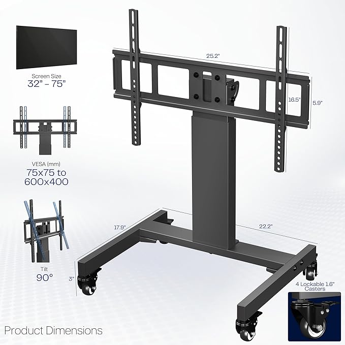 VIVO Low Height TV Cart for 32 to 75 inch Screens, Height Adjustable with Tilt, Holds up to 110 lbs, Max VESA 600x400, Black, STAND-TV02L