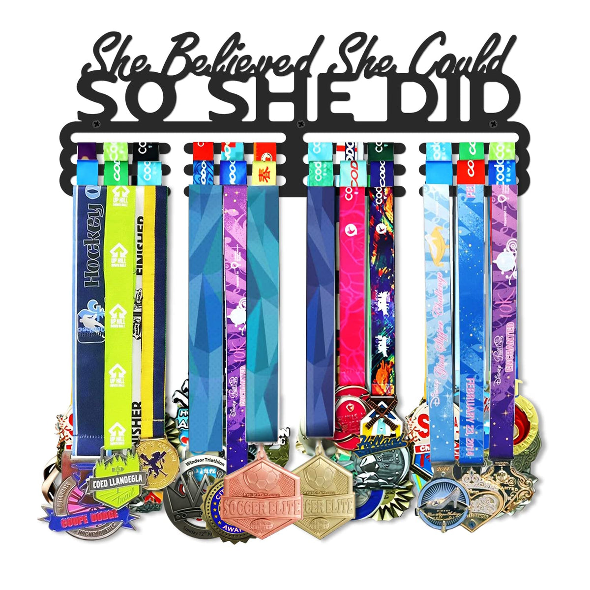 Medal Holder Display Hanger Rack Storage Steel Wall Mounted Fame Black Metal Sports Marathon Running Soccer Gymnastics Large-capacity Over 60 Medals Sturdy Wall Decor Motivational Slogan Race Medals