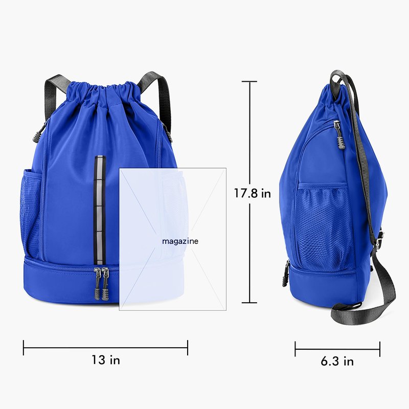 XMYAOWEI Sport Gym Bag Drawstring Backpack Beach Bag for Men Women with Shoe Compartment and Reflective Strips (Blue)