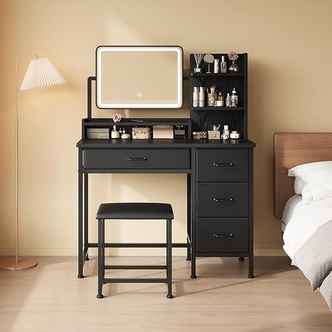 Makeup Vanity Desk with Mirror and Lights, Small Vanity with Fabric Storage Drawer & Chair & Shelves,Black Compact Makeup Vanity Set for Bedroom
