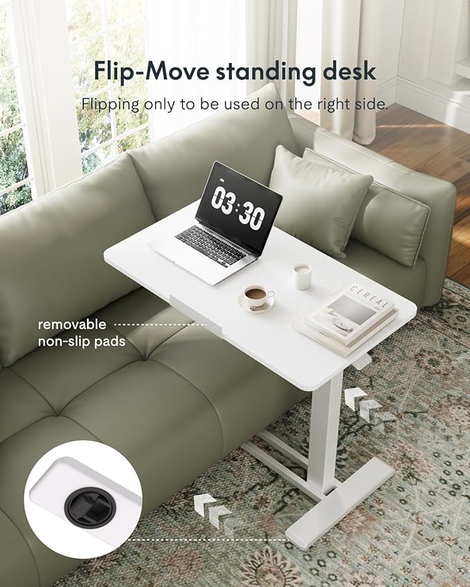 FLEXISPOT H7 PRO Mobile Standing Desk Adjustable Overbed Table Pneumatic with Wheels 90°Tiltable Portable Laptop Desk Rolling Computer Cart Foldable Bedside Table(31.5" W x 17.7" D, White)