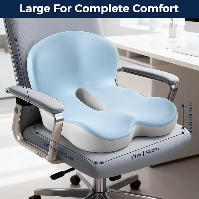 Seat Cushion, Office Chair Cushions for Tailbone Relief, Seat Cushions for Office Chair with L-Shaped Ergonomic Design & Adjustable Strap, Memory Foam Chair Cushion for Long Sitting Worker(Blue Grey)