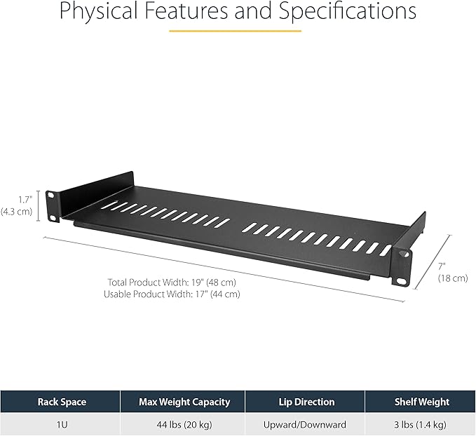 StarTech.com 1U Server Rack Shelf - Universal Vented Rack Mount Cantilever Tray for 19" Network Equipment Rack & Cabinet - Heavy Duty Steel - Weight Capacity 44lb/20kg - 7" Deep Shelf (CABSHELF1U7V)