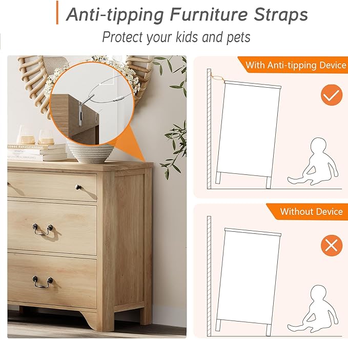 WAMPAT 3 Drawer Dresser Set of 2, 63“ Large Farmhouse Dresser for Bedroom with Wide Chest of Drawers,Oak Wooden Dressers Nightstand Cabinet for Bedroom, Living Room, Hallway, Office