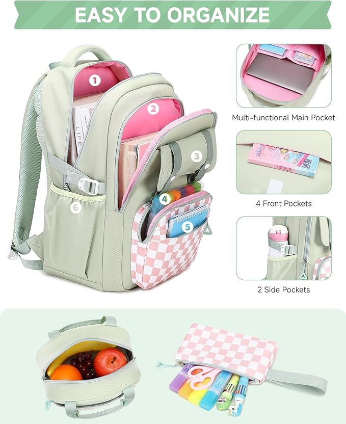 Girls Backpack with Lunch Box 3Pcs, Waterproof School Bag Set for Teen Elementary Middle School, Multi-Pocket Laptop Bookbag Lightweight, Green